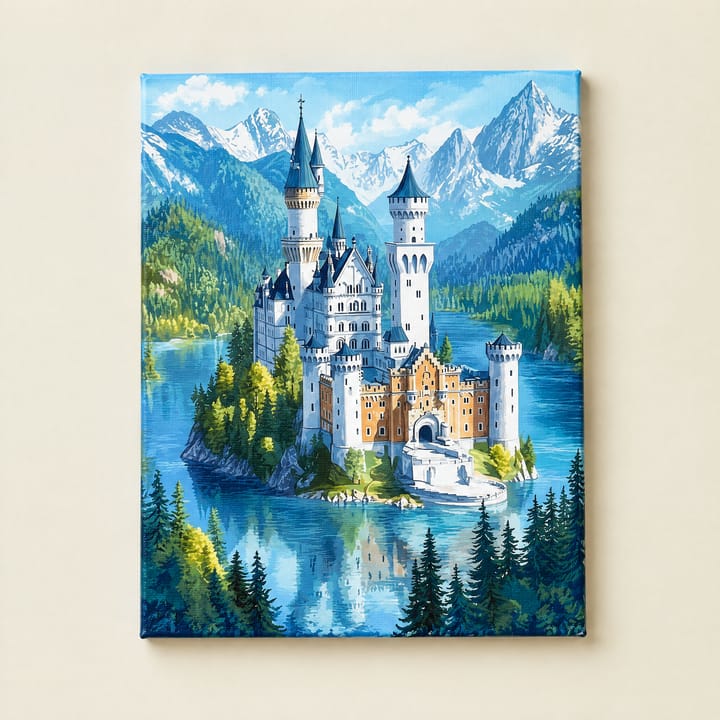Lake castle design: a white castle on a wooded island